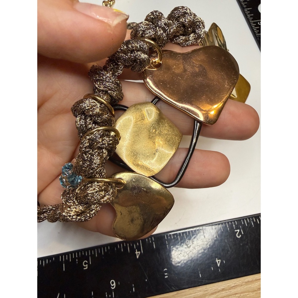 Mixed Metal Heart Charm Braided Cord Statement Necklace Gold Tone Blue Crystal